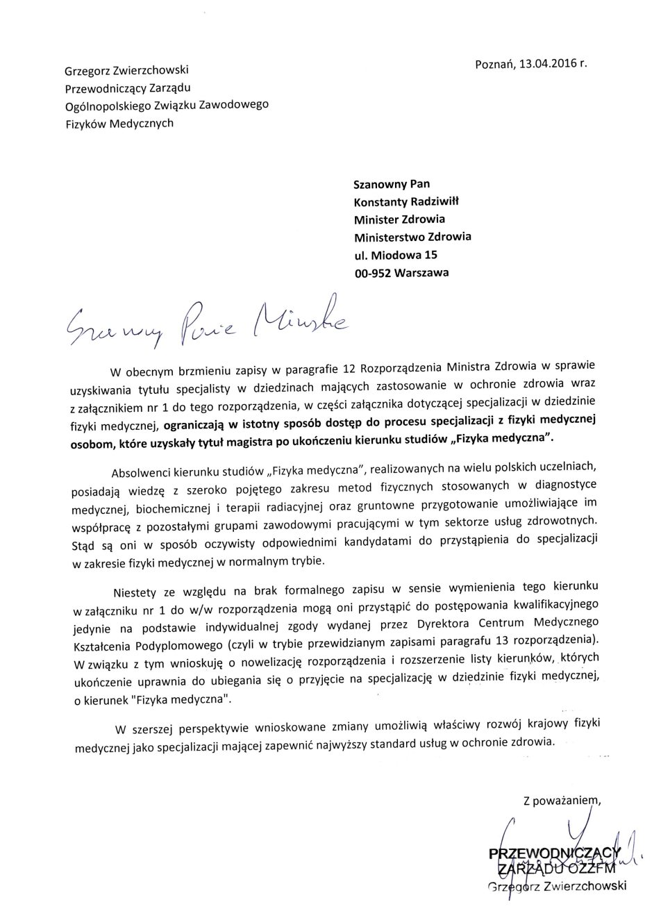 Pismo w sprawie specjalizacji